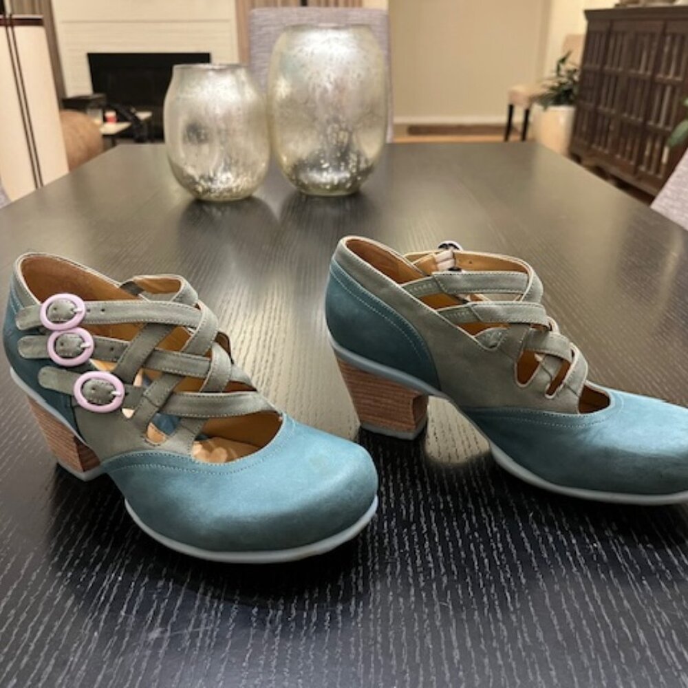 John Fluevog 'Luxon' 3-Strap MaryJane in Dusty Seagreens + Pink Buckles